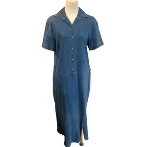 Vintage Blue Jean Denim Snap Button Midi Dress Turquoise Button Stretch Westen M